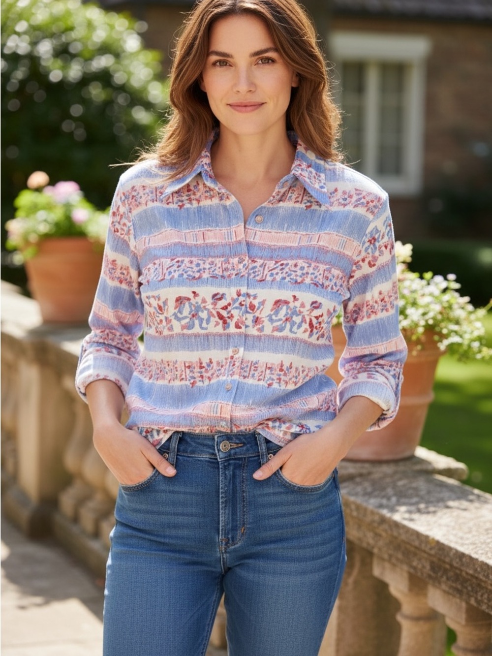 Vintage Cheri Amour Floral Stripe Button Up Blouse Cottagecore Y2K Retro Top M